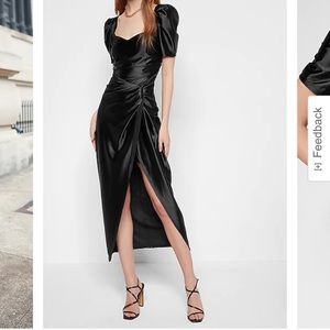 satin puff sleeve ruched faux wrap midi dress
